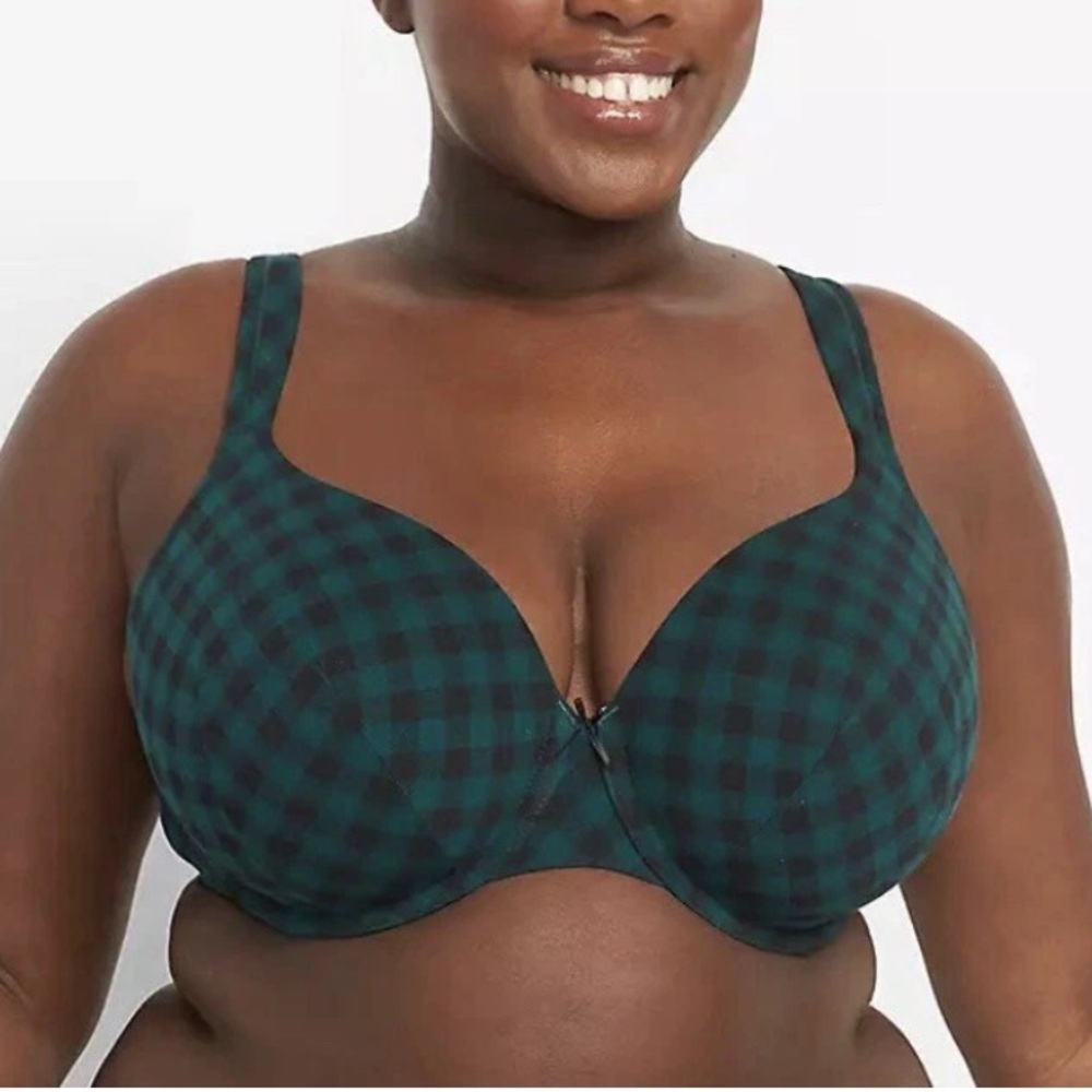 NIP Cacique 40F Lightly Lined Full Coverage Bra Green Black Plaid Size 40DDD